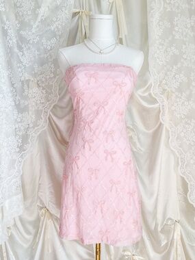Y2K Pink Beaded Bow Lace-Up Dress – Coquette Party Mini